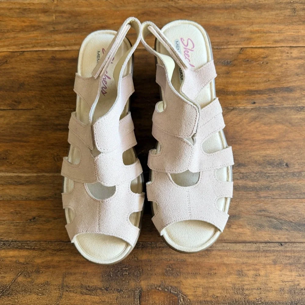 Skechers‎ Womens Memory Foam Wedge Sandals Size 9.5 Strappy faux suede comfort